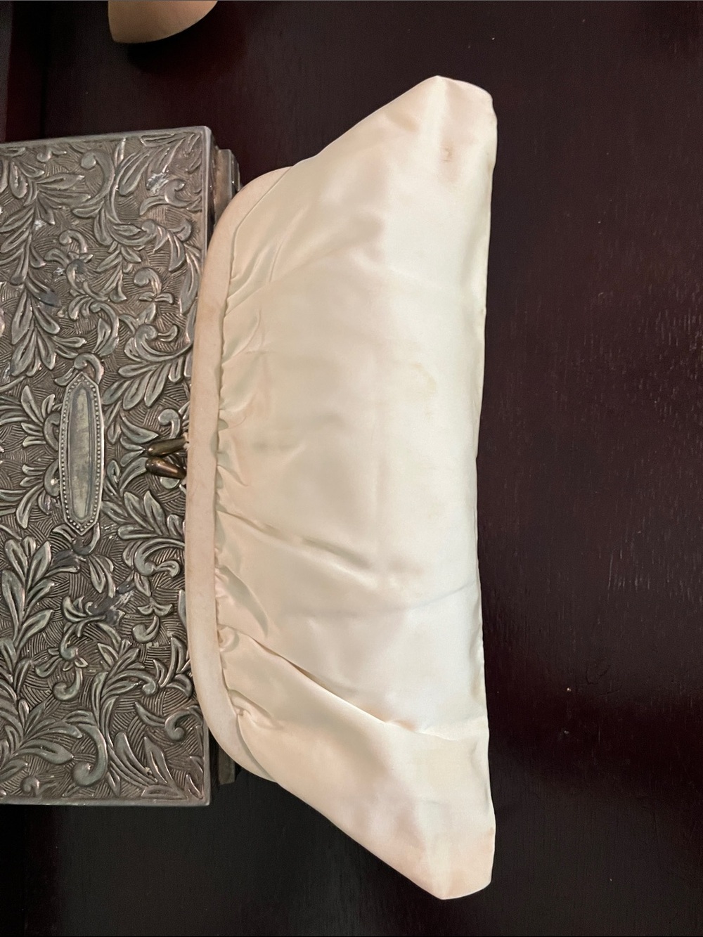 Update : Stains have lifted a lot 
Vintage Elegant Ivory Satin Clutch